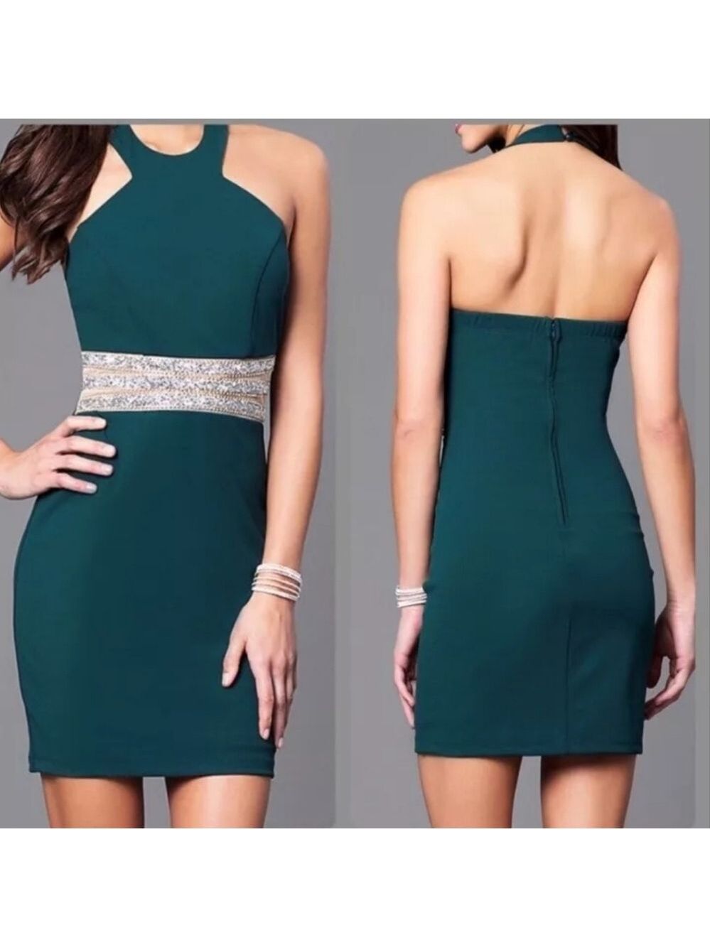 Speechless - Halter Mini Dress – Glitter Waistband - Green - Bodycon Fit